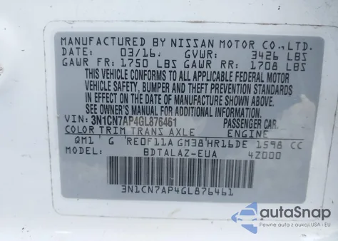 2016 Nissan Versa 1.6 S+ from USA, damaged, VIN 3N1CN7AP4GL876461